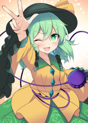 Rule 34 | 1girl, :d, black hat, blouse, blush, bow, buttons, collarbone, commentary request, diamond button, e.o., eyeball, frilled shirt collar, frilled sleeves, frills, green eyes, green hair, green skirt, hat, hat bow, hat ribbon, highres, komeiji koishi, light blush, long sleeves, looking at viewer, one eye closed, open mouth, orange background, ribbon, shirt, short hair, skirt, smile, solo, subterranean animism, third eye, touhou, triangle mouth, v-shaped eyebrows, w, wide sleeves, yellow ribbon, yellow shirt