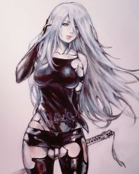 Rule 34 | 1girl, adjusting hair, android, armlet, bad id, bad twitter id, bare shoulders, black gloves, black shorts, blue eyes, breasts, elbow gloves, facing viewer, gloves, highres, holding, holding sword, holding weapon, joints, large breasts, legs, long hair, mole, mole under mouth, nier (series), nier:automata, nvalkyrja, pink lips, robot joints, short shorts, shorts, silver hair, solo, standing, sword, tank top, traditional media, weapon, a2 (nier:automata)