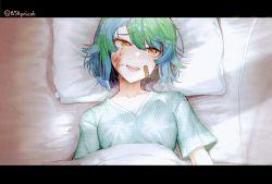 Rule 34 | 1girl, :d, bandaid, bandaid on cheek, bandaid on face, bed, bed sheet, blouse, blue hair, brown eyes, bsapricot, commentary request, crying, crying with eyes open, earth-chan, green hair, green shirt, hair between eyes, highres, injury, letterboxed, looking away, looking to the side, lying, multicolored hair, on back, open mouth, original, pillow, round teeth, shirt, short sleeves, smile, solo, tears, teeth, twitter username, two-tone hair, under covers, upper body, upper teeth only