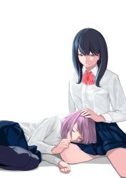 Rule 34 | 10s, 2girls, absurdres, aqua eyes, arm support, bare legs, black hair, blue skirt, bow, bowtie, clenched hands, closed eyes, closed mouth, collared shirt, curled fingers, dress shirt, feet out of frame, female focus, fetal position, grey legwear, gridman universe, hair between eyes, half-closed eyes, hand on another&#039;s head, hand on another&#039;s knee, hands up, highres, hsubo, lap pillow, legs, light purple hair, long hair, long sleeves, looking at another, looking down, lying, multiple girls, neck, on side, outstretched leg, pantyhose, parted lips, pleated skirt, red neckwear, shadow, shinjou akane, shirt, short hair, simple background, sitting, skirt, sleeping, smile, ssss.gridman, takarada rikka, white background, white shirt, yuri