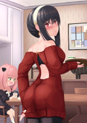 Rule 34 | 2girls, anya (spy x family), ass, back, back cutout, bare shoulders, black hair, blush, breasts, clothes tug, clothing cutout, commentary request, cup, dress, earrings, from behind, full-face blush, hairband, highres, holding, holding tray, jewelry, long hair, looking at viewer, looking back, mother and daughter, mug, multiple girls, off-shoulder sweater, off shoulder, red eyes, red sweater, shirt tug, sidelocks, sitting, solo focus, spy x family, sweater, sweater dress, sweater tug, table, tray, tsukimoto reiji, white hairband, yor briar