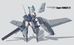 Rule 34 | 1girl, aqua hair, boots, brown eyes, elbow gloves, f-14 tomcat, glasses, gloves, grey background, hand on own hip, headgear, highres, leotard, long hair, looking at viewer, mecha musume, nenchi, original, roundel, solo, southrop gruman, standing, thigh boots, thighhighs