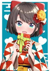 Rule 34 | 1girl, :d, absurdres, blue background, blue eyes, blush, borumete, bow, box, brown hair, commentary request, furisode, gift, gift box, hair bow, hair ornament, hands up, head tilt, heart, heart background, highres, holding, holding gift, hololive, japanese clothes, kanzashi, kimono, long sleeves, looking at viewer, obi, oozora subaru, oozora subaru (new year), open mouth, patterned clothing, print kimono, red bow, sash, short hair, sidelocks, smile, solo, swept bangs, upper body, valentine, virtual youtuber, wide sleeves