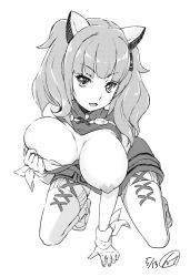 Rule 34 | 1girl, bare shoulders, bent over, breasts, cleavage cutout, clothing cutout, dress, full body, greyscale, hair ornament, hairclip, highres, kaguya luna, kohinata (sdu0628), large breasts, looking at viewer, monochrome, nipples, one breast out, open mouth, sleeveless, sleeveless dress, smile, solo, the moon studio, twintails, virtual youtuber, white background