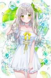 Rule 34 | 1girl, absurdres, bare shoulders, blush, breasts, choker, cleavage, closed mouth, collarbone, dress, eumi 114, food, frilled dress, frills, fruit, green eyes, hand in own hair, highres, ice, lime (fruit), lime slice, long hair, looking at viewer, medium breasts, original, short sleeves, solo, standing, strapless, strapless dress, water, white dress, white hair