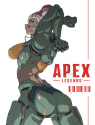 Rule 34 | 1girl, absurdres, android, animification, apex legends, arched back, ass, barcode, breasts, cable, clenched hands, copyright name, dark-skinned female, dark skin, double bun, hair bun, headband, headset, highres, large breasts, lifeline (apex legends), logo, looking back, mechanical arms, mechanical legs, mechanization, parted lips, red hair, solo, white background, white headband, yangzhe da baicai