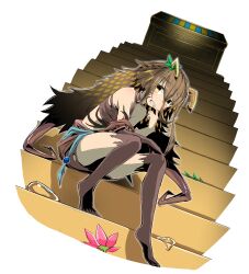 Rule 34 | 1girl, absurdres, barefoot, body markings, brown hair, brown skirt, brown tube top, duel monster, highres, sarcophagus, sitting, skirt, stairs, tomiyama mishiro, torn clothes, traptrix holeutea, tube top, white background, yellow eyes, yu-gi-oh!