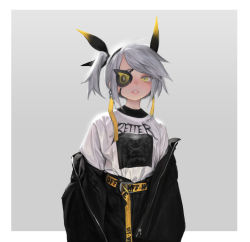 Rule 34 | 1girl, absurdres, belt, black pants, blush, charles (106858), earrings, eyepatch, grey background, grey hair, highres, jewelry, looking at viewer, original, pants, parted lips, print shirt, shirt, shirt tucked in, short hair, simple background, solo, upper body, white shirt, yellow eyes