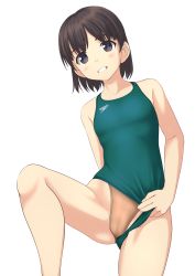 Rule 34 | 1girl, absurdres, black eyes, black hair, cameltoe, clothing aside, commentary request, competition swimsuit, cowboy shot, flat chest, green one-piece swimsuit, head tilt, highres, layered swimsuit, logo, looking at viewer, one-piece swimsuit, original, parted lips, short hair, simple background, smile, solo, speedo (company), standing, swimsuit, swimsuit aside, takafumi, white background