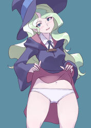 Rule 34 | 1girl, blonde hair, blue eyes, blush, breasts, coveredcore, diana cavendish, hat, highres, light green hair, little witch academia, long hair, looking at viewer, luna nova school uniform, medium breasts, multicolored hair, panties, school uniform, smile, solo, tagme, two-tone hair, underwear, wavy hair, white panties, witch, witch hat