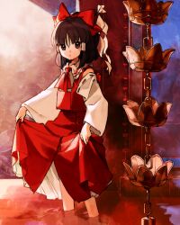 Rule 34 | 1girl, ambiguous red liquid, ascot, bow, brown eyes, brown hair, collared shirt, commentary request, crop top, crop top overhang, cropped shirt, detached sleeves, expressionless, frilled shirt collar, frills, hair bow, hakurei reimu, highres, kaigen 1025, looking at viewer, multiple hair bows, rain chain, red ascot, red bow, red shirt, red skirt, ribbon-trimmed sleeves, ribbon trim, shide, shirt, short hair, side-tie skirt, skirt, skirt hold, sleeveless, sleeveless shirt, touhou, wading, white sleeves