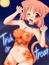 Rule 34 | 1girl, animal ears, blush, bodypaint, breasts, cat ears, cat girl, cat tail, fang, female focus, halloween, image sample, naked paint, nekomanma (byougatei), nipples, nude, open mouth, outdoors, painted clothes, pixiv sample, pussy, resized, sky, solo, tail