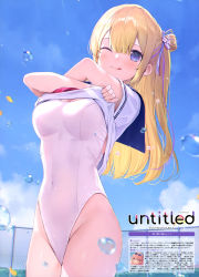 Rule 34 | 1girl, 6u (eternal land), :p, absurdres, blonde hair, blue eyes, blue sky, blush, breasts, cleavage, clothes lift, cowboy shot, day, flower, hair between eyes, hair flower, hair ornament, hair ribbon, highres, long hair, looking at viewer, medium breasts, one-piece swimsuit, original, petals, purple ribbon, ribbon, school uniform, shirt lift, sidelocks, sky, solo, standing, swimsuit, tongue, tongue out, undressing, water drop, white one-piece swimsuit