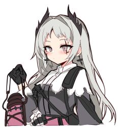 Rule 34 | 1girl, absurdres, arknights, black dress, black gloves, blush, brown outline, closed mouth, commentary request, cropped torso, dress, earrings, expressionless, gloves, godgamesc2, grey eyes, grey hair, hair intakes, hand up, head wings, highres, holding, holding lantern, irene (arknights), jewelry, korean commentary, lantern, long hair, long sleeves, looking ahead, outline, pink pupils, simple background, sketch, solo, white background, white dress, wings