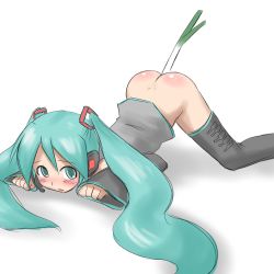 Rule 34 | 1girl, aaaa (quad-a), aqua eyes, aqua hair, ass, bad id, bad pixiv id, bent over, blush, bottomless, detached sleeves, dildo, dimples of venus, food, food insertion, green eyes, green hair, hair between eyes, hatsune miku, headphones, highres, long hair, looking at viewer, matching hair/eyes, negi suppository, object insertion, sex toy, shadow, simple background, sketch, solo, spring onion, thighhighs, top-down bottom-up, twintails, vegetable, very long hair, vocaloid, white background
