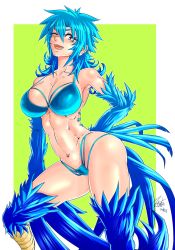 Rule 34 | 1girl, ;), armpits, bikini, blue bikini, blue feathers, blue hair, border, breasts, brown eyes, cleavage, collarbone, commentary, contrapposto, corset piercing, cowboy shot, dated, eyelashes, fangs, feathers, green background, hair between eyes, harpy, highres, large breasts, medium hair, monster girl, navel, one eye closed, original, outside border, piercing, ribbon, short eyebrows, signature, smile, solo, standing, stomach, swimsuit, thick thighs, thighs, toned, winged arms, wings, zippedsquire