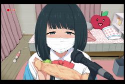 Rule 34 | 10s, 1girl, bedroom, black hair, blue eyes, blush, dildo, gomu (chewinggom), gridman universe, has bad revision, has censored revision, hassu, highres, hitachi magic wand, livestream, long hair, looking at viewer, mask, microphone, mouth mask, recording, sex toy, solo, ssss.gridman, surgical mask, takarada rikka, vibrator