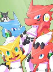 Rule 34 | blue eyes, digimon, digimon (creature), green eyes, headphones, looking at another, shoutmon, shoutmon (blue), shoutmon b, shoutmon king ver., shoutmon y