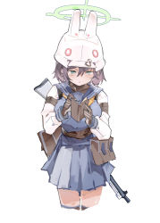Rule 34 | absurdres, animal ears, armband, assault rifle, black gloves, black hair, blue archive, blue sailor collar, blue shirt, blue skirt, breasts, chestnut mouth, commentary, fake animal ears, gloves, green eyes, gun, gun on back, halo, helmet, highres, jumbowhopper, large breasts, long sleeves, looking down, neckerchief, notebook, pleated skirt, rabbit ears, reading, rifle, sailor collar, saki (blue archive), school uniform, shirt, short hair, skirt, sweat, thighs, v-shaped eyebrows, weapon, weapon on back, white background, yellow neckerchief