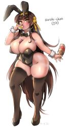 Rule 34 | 1girl, aged up, alcohol, alternate breast size, animal ears, between breasts, black bow, black bowtie, black footwear, black leotard, black thighhighs, bow, bowtie, breasts, brown hair, bursting breasts, cellphone, character name, cleavage, covered navel, cup, curvy, detached collar, drinking glass, drunk, earrings, fake animal ears, glass, green eyes, hair ribbon, high heels, highleg, highleg leotard, highres, hoop earrings, huge breasts, impossible clothes, impossible leotard, jewelry, keigi, leotard, lips, lipstick, long hair, makeup, phone, playboy bunny, pumps, rabbit ears, ribbon, skindentation, solo, strapless, strapless leotard, suzumiya haruhi, suzumiya haruhi no yuuutsu, thick eyebrows, thick thighs, thighhighs, thighs, twitter username, very long hair, wrist cuffs, yellow ribbon