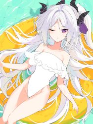 1girl absurdres alternate_costume blue_archive demon_girl demon_horns frilled_one-piece_swimsuit frills gurami_(zangizarang) highres hina_(blue_archive) horns multiple_horns one-piece_swimsuit one_eye_closed parted_bangs purple_eyes solo swim_ring swimsuit white_hair white_one-piece_swimsuit