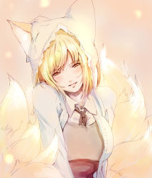 Rule 34 | 1girl, alternate costume, animal ears, blonde hair, blush, dearmybrothers, fox ears, fox tail, hat, highres, looking at viewer, multiple tails, short hair, smile, solo, tail, touhou, yakumo ran, yellow eyes