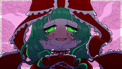 Rule 34 | 1girl, @ @, blush, bound, bound wrists, green eyes, grey hair, hair ribbon, hands on own cheeks, hands on own face, kagiyama hina, looking at viewer, neosiromaruzmc, one-hour drawing challenge, open mouth, red ribbon, ribbon, solo, touhou, yandere trance