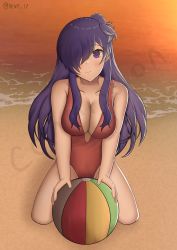 Rule 34 | 1girl, absurdres, ball, breasts, cleavage, closed mouth, delvy 17, fire emblem, fire emblem: three houses, fire emblem warriors: three hopes, hair bun, hair over one eye, highres, large breasts, long hair, looking at viewer, medium breasts, nintendo, one-piece swimsuit, purple eyes, purple hair, red one-piece swimsuit, shez (female) (fire emblem), shez (fire emblem), simple background, single hair bun, smile, solo, sunset, swimsuit