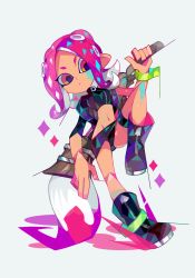 Rule 34 | amakusa (hidorozoa), black panties, black skirt, boots, calligraphy brush, closed mouth, grey background, hand up, looking at viewer, midriff, miniskirt, navel, nintendo, octoling, octoling girl, octoling player character, paint splatter, paint splatter on face, paintbrush, panties, parted bangs, pink eyes, pink hair, simple background, skirt, solo, splatoon (series), splatoon 2, standing, suction cups, tentacle hair, underwear, wristband