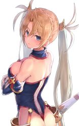 Rule 34 | 1girl, armor, ass, back, bare shoulders, blonde hair, blue eyes, blue leotard, blush, bradamante (fate), bradamante (first ascension) (fate), braid, breasts, censored, cleavage, closed mouth, crossed arms, elbow gloves, fate/grand order, fate (series), faulds, french braid, gloves, hair between eyes, hip focus, leotard, long hair, looking at viewer, looking back, medium breasts, simple background, solo, sumisu (mondo), sweatdrop, twintails, white background