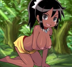 Rule 34 | 1girl, absurdres, all fours, arm support, armlet, atlus, barefoot, bikini, black hair, blush, breast hold, breasts, breasts out, brown eyes, choker, dark-skinned female, dark skin, day, e10, earrings, etrian odyssey, feet, female focus, hanging breasts, highres, hoop earrings, jewelry, large breasts, nature, navel, nipples, open mouth, outdoors, ponytail, puffy nipples, red bikini, sarong, shilleka, smile, solo, source request, swimsuit, topless, tribal