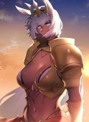 Rule 34 | 1girl, animal ears, armor, blue eyes, body markings, breasts, caenis (fate), crown, dark-skinned female, dark skin, fate/grand order, fate (series), gold armor, highres, horse ears, looking at viewer, navel, pauldrons, revealing clothes, sabamori, short hair, shoulder armor, sky, solo, stomach, sunset, tattoo, upper body, white hair