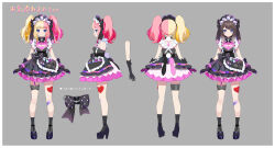 Rule 34 | 1girl, bandaid, bandaid on knee, bandaid on leg, black bow, black dress, black footwear, black gloves, black socks, blonde hair, bow, breasts, brown hair, cleavage, cleavage cutout, closed mouth, clothing cutout, connectopia, dress, frilled dress, frills, gachikoi neon, gloves, grey background, heart, high heels, highres, medium breasts, multicolored hair, multiple views, official art, pilokey, pink hair, purple hair, shoes, simple background, sleeveless, sleeveless dress, smile, socks, translation request, turnaround, twintails, two-tone hair, virtual youtuber