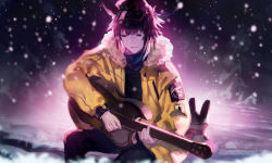 Rule 34 | 1boy, animal ears, arknights, black pants, brown hair, coat, courier (arknights), courier (new routes) (arknights), closed eyes, facing viewer, fur trim, guitar, highres, instrument, male focus, mifa (hmjmh), music, official alternate costume, outdoors, pants, playing instrument, sitting, snowing, solo, yellow coat