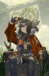 Rule 34 | 1girl, aciddrop (arknights), ahoge, animal, animal ears, animal on head, arknights, artist name, bird, bird ears, bird on head, black gloves, black shirt, black shorts, black thighhighs, blue eyes, breasts, brown hair, collared jacket, commentary request, eyewear on head, feeding, gloves, goggles, goggles on head, graffiti, grass, hair between eyes, highres, id card, jacket, lanzi (415460661), large breasts, leg strap, log, long sleeves, neckerchief, on head, orange jacket, outdoors, shirt, short hair, shorts, sitting on log, skateboard, solo, sparrow, spray paint, thigh strap, thighhighs