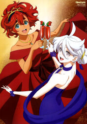 Rule 34 | 2girls, absurdres, ahoge, blue dress, blue eyes, cherry tomato, cocktail dress, cocktail glass, collarbone, cup, dark-skinned female, dark skin, dress, drinking glass, grey eyes, gundam, gundam suisei no majo, hair between eyes, highres, holding, holding cup, jewelry, long hair, looking at viewer, miorine rembran, multiple girls, necklace, newtype, no bra, official art, open mouth, red dress, red eyes, scan, smile, suletta mercury, thick eyebrows, tiara, toida juri, tomato, upper body, white hair