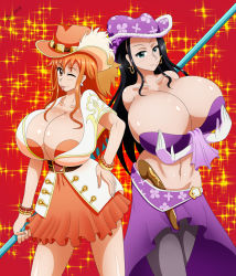 Rule 34 | 2girls, breasts, cleavage, gigantic breasts, hat, multiple girls, nami (one piece), nico robin, one piece, oxdarock, simple background, smile, weapon, wink