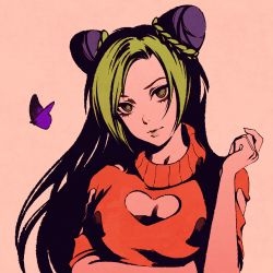 Rule 34 | 1girl, arm under breasts, braid, bug, butterfly, cleavage cutout, clothing cutout, double bun, dyed bangs, green eyes, green hair, green lips, green sweater, hair bun, hand up, insect, jojo no kimyou na bouken, kuujou jolyne, lipstick, long hair, makeup, moshimoshibe, multicolored hair, parted bangs, purple hair, short sleeves, shoulder cutout, simple background, solo, stone ocean, sweater, turtleneck, turtleneck sweater, two-tone hair, upper body