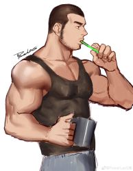 Rule 34 | 1boy, absurdres, bara, bare shoulders, black tank top, brushing teeth, buzz cut, covered erect nipples, from side, highres, long sideburns, male focus, mature male, muscular, muscular male, original, pectoral cleavage, pectorals, powerlesssong, short hair, sideburns, sidepec, solo, tank top, thick eyebrows, toothbrush, veins, very short hair