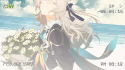 Rule 34 | 1girl, beach, black ribbon, bouquet, bow, cloud, collar, commentary, firefly (honkai: star rail), floating hair, flower, frilled collar, frills, grey hair, hair between eyes, hair bow, hair ribbon, highres, holding, holding bouquet, honkai: star rail, honkai (series), long hair, long sleeves, purple eyes, recording, ribbon, smile, solo, symbol-only commentary, tatatsu, viewfinder, white bow