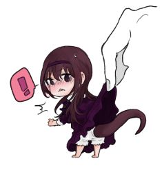 Rule 34 | !, 10s, 1girl, akemi homura, akemi homura (black dress), barefoot, black hair, bloomers, blush, clothes lift, dress, dress lift, embarrassed, from behind, full body, funeral dress, hairband, long hair, looking at viewer, looking back, mahou shoujo madoka magica, mahou shoujo madoka magica: hangyaku no monogatari, mini person, minigirl, papeapoo, pumpkin panties, purple eyes, salamander tail, simple background, solo focus, spoilers, tail, underwear, white background