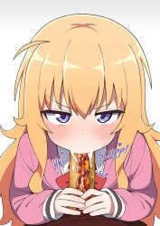 Rule 34 | 1girl, blonde hair, blush, commentary, english commentary, fellatio, food, gabriel dropout, gabriel tenma white, highres, jitome, long hair, looking at viewer, mikoscrub, oral, purple eyes, sandwich, sexually suggestive, simple background, simulated fellatio, solo, sound effects, straight-on, upper body, v-shaped eyebrows, white background
