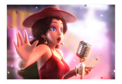 Rule 34 | 1girl, 3d, absurdres, blue eyes, blurry, brown hair, confetti, depth of field, donkey kong (series), dress, earrings, eyeshadow, hat, highres, jewelry, lens flare, lipstick, long hair, makeup, mario (series), microphone, music, nail polish, nintendo, official art, pauline (mario), red dress, red hat, red lips, shiny clothes, singing, solo, super mario odyssey, upper body