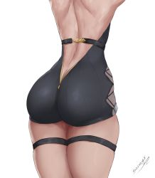 Rule 34 | 1girl, absurdres, ass, ass focus, back, backless leotard, bad id, bad pixiv id, bare back, butt crack, eula (genshin impact), from behind, genshin impact, head out of frame, highres, huge ass, lambofgod 777, leotard, narrow waist, oroborus, shiny clothes, shiny skin, simple background, skindentation, solo, thigh strap, thighs, white background