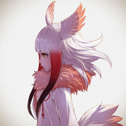 Rule 34 | 10s, 1girl, bird tail, bird wings, black hair, blunt bangs, closed mouth, eyelashes, feathered wings, frilled sleeves, frills, from side, gradient hair, hand on own chest, head wings, highres, japanese crested ibis (kemono friends), kemono friends, lips, long hair, long sleeves, looking away, md5 mismatch, medium hair, multicolored hair, nose, parted lips, profile, realistic, red hair, red ribbon, resolution mismatch, ribbon, solo, source smaller, tail, takami masahiro, upper body, white hair, wide sleeves, wings, yellow eyes