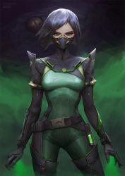 Rule 34 | 1girl, armor, belt, belt pouch, black bodysuit, black gloves, black hair, bodysuit, boots, breasts, cheesewoo, colored smoke, cowboy shot, floating hair, gas mask, gloves, green bodysuit, green eyes, colored smoke, highres, looking at viewer, mask, medium breasts, mouth mask, pauldrons, poison, pouch, short hair, shoulder armor, smoke, solo, swept bangs, thigh boots, thighhighs, valorant, viper (valorant)