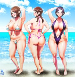 Rule 34 | 3girls, arm behind head, armpits, artist name, ass, asymmetrical bangs, backpack, bag, barefoot, beach, belly chain, bikini, blunt bangs, blush, breasts, brown eyes, brown hair, closed mouth, cloud, collarbone, commentary request, curvy, dated, day, full body, glasses, glint, hand on own hip, hands on own hips, highleg, highleg bikini, highleg swimsuit, highres, huge ass, hyji, jewelry, large breasts, lips, long hair, looking at viewer, looking back, mature female, medium hair, micro bikini, monochrome, multiple girls, navel, o-ring, o-ring bikini, ocean, one-piece swimsuit, open mouth, original, parted bangs, pink bikini, plump, purple bikini, purple eyes, purple hair, rei taguchi (hyji), short hair, side-tie bikini bottom, sidelocks, signature, skindentation, sky, slingshot swimsuit, smile, standing, string bikini, swimsuit, thick thighs, thighs, thong, toes, water, wet, white bikini