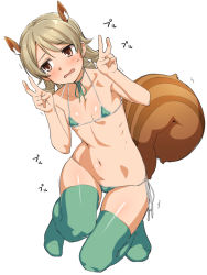 Rule 34 | 10s, 1girl, animal ears, bikini, blonde hair, blush, breasts, brown eyes, collarbone, commentary request, double v, drill hair, earrings, green bikini, green thighhighs, idolmaster, idolmaster cinderella girls, jewelry, loliconder, micro bikini, morikubo nono, navel, open mouth, short hair, side-tie bikini bottom, simple background, skindentation, small breasts, solo, squirrel ears, squirrel tail, swimsuit, tail, tears, thighhighs, v, wavy mouth, white background