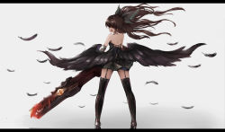 Rule 34 | 1girl, absurdres, alternate costume, alternate weapon, arm cannon, back, black hair, brown hair, feathers, female focus, hair over eyes, hair ribbon, highres, labombardier!, letterboxed, long hair, open mouth, reiuji utsuho, ribbon, skirt, solo, touhou, weapon, wings