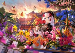 Rule 34 | 1girl, absurdres, architecture, blue eyes, bug, butterfly, cloud, east asian architecture, flower, fuzichoco, hair flower, hair ornament, highres, huge filesize, bug, long hair, looking at viewer, mole, mole under eye, original, outdoors, solo, sunset, vase, water, weather vane, white hair